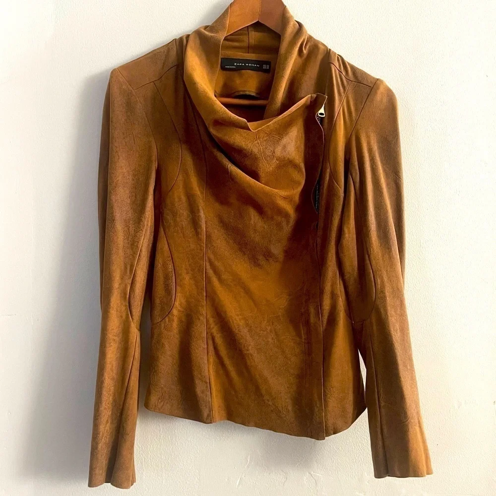 Zara Women Brown Faux Suede Motorcycle Jacket Sz XS